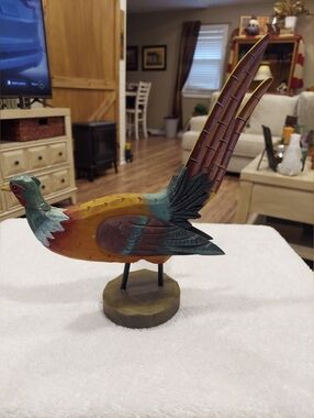 Wood Carved Colorful Pheasant Harvest Table Decor Hand Painted Thanksgiving
